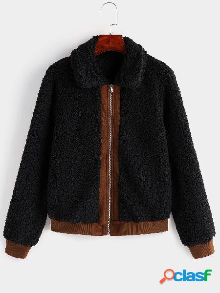 Black Color Stitching Classic Collar Long Sleeves Faux Fur