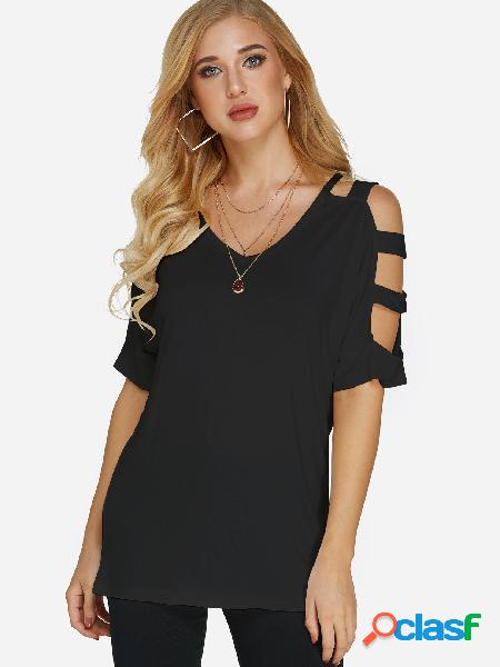 Black Cut Out Cold Shoulder Half Sleeves Casual T-shirt