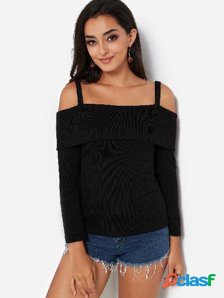 Black Plain Cold Shoulder Long Sleeves Bodycon T-shirts With