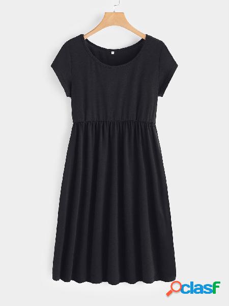 Black Plain Round Neck Short Sleeves Midi Swing Dress