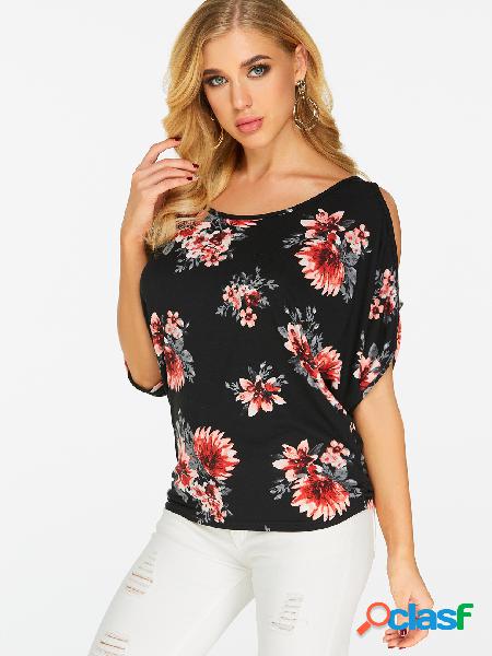 Black Random Floral Print Cold Shoulder Tie-up at Back Tee