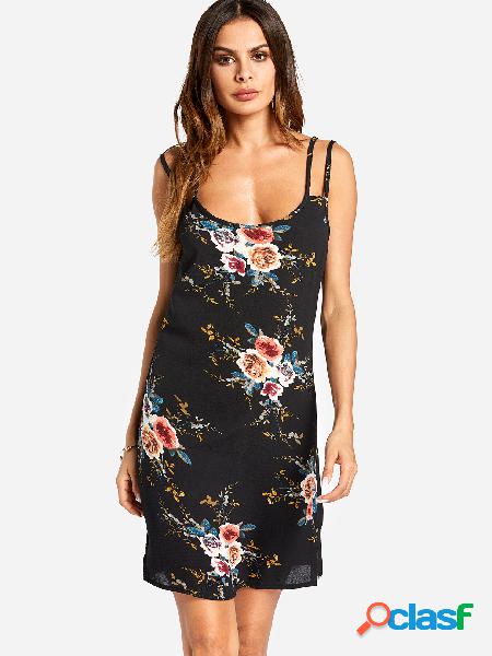 Black Random Floral Print Elastic Strap Dress