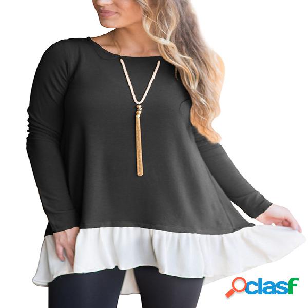 Black Round Neck Long Sleeves Flounced hem T-shirts