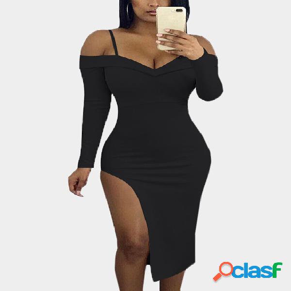 Black Side Slit Off The Shoulder Long Sleeves Dress