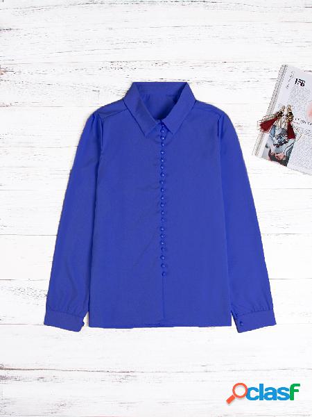 Blue Lapel Collar Long Sleeves Blouse