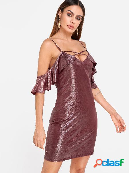 Burgundy Flounced Details V-neck Cold Shoulder Dress