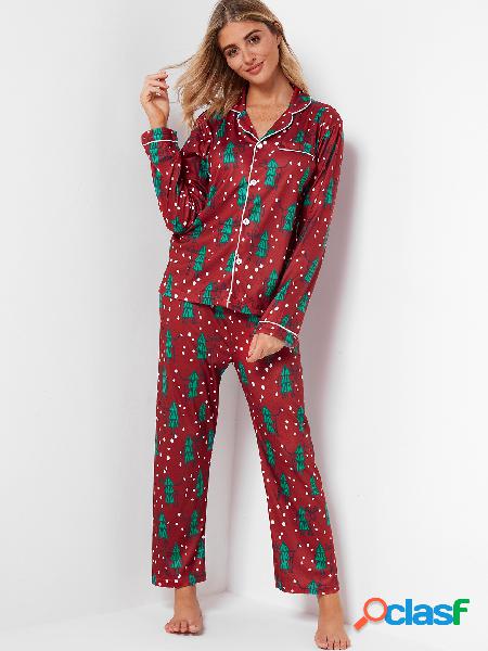 Burgundy Notch Collar Long Sleeves Christmas Pajama Sets