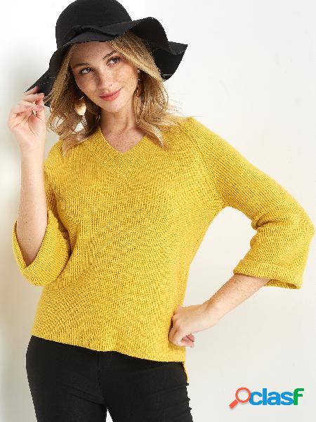 Casual Yellow Plain V-neck 3/4 Length Sleeves Regular Fit