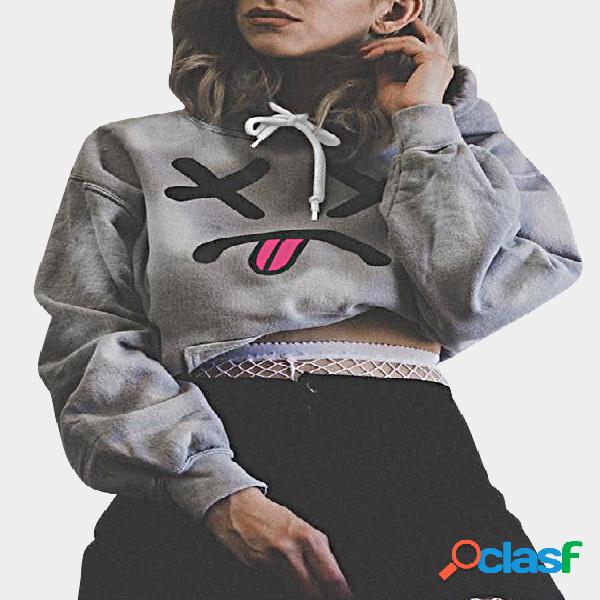 Grey Expression Pattern Long Sleeves Hoodie