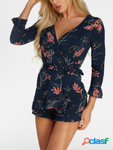 Navy Floral Print Deep V Neck Long Sleeves Playsuits