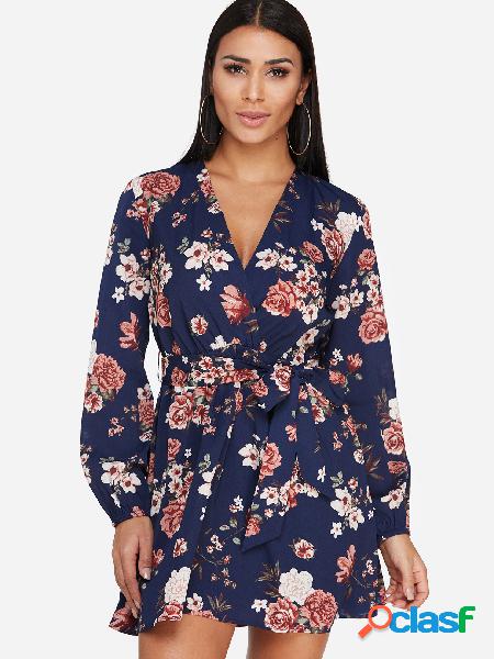 Navy Self-tie Design Random Floral Print V-neck Long Sleeves