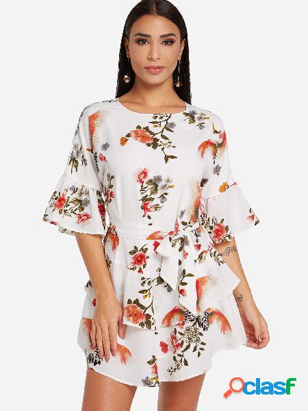 White Self-tie Design Random Floral Print Round Neck Flared