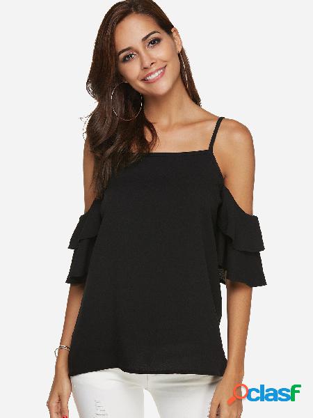 Black Cold Shoulder Flouncy Details at Sleeves Blouse