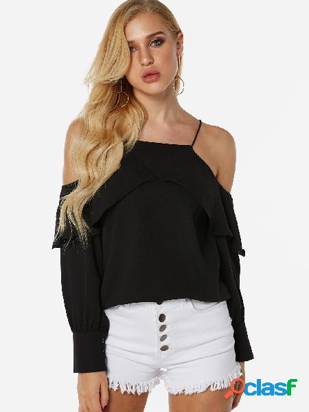 Black Cold Shoulder Frill Neck Tiered Design Long Sleeves