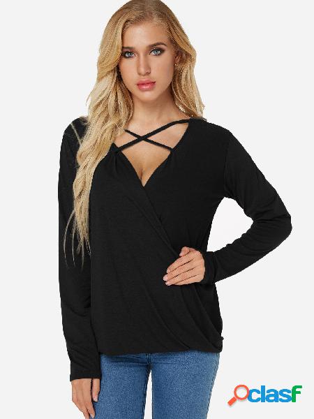 Black Crossed Front V-neck Pleated Details Long Sleeves