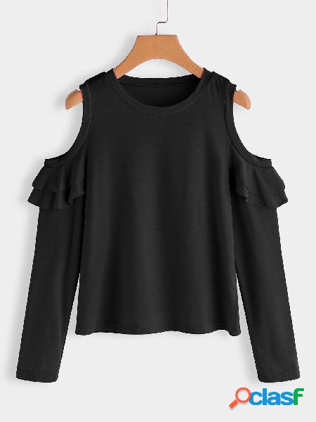 Black Flounced Details Plain Round Neck Long Sleeves