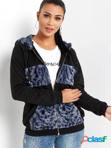 Color Block Hooded Design Zip Front Fastening Long Sleeves