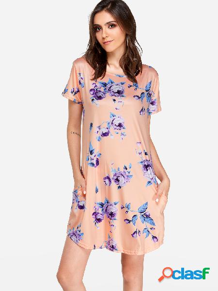 Coral Random Floral Printed A-line Mini Dress