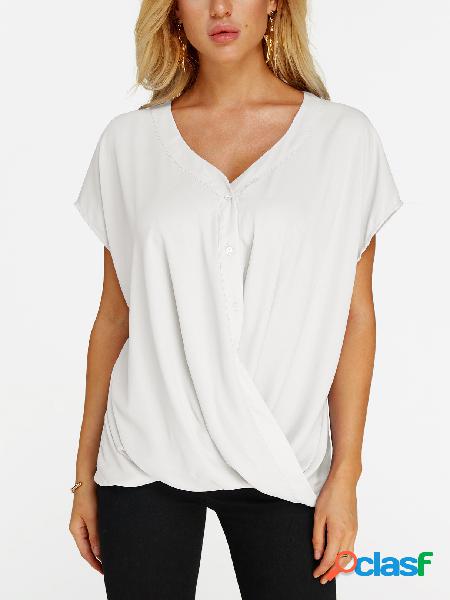 White Crossed Front Design V-neck Short Sleeves Blouse