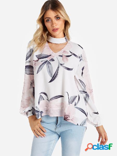 White Cut Out Floral Print Cold Shoulder Slit Design Long