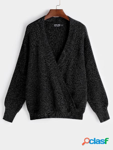 Black Crossed Front Design Plain Deep V Neck Long Sleeves