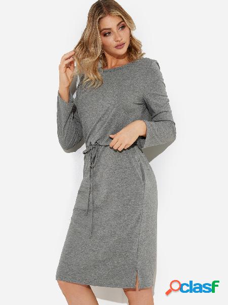 Grey Side Pocket Design Round Neck Long Sleeves Drawstring