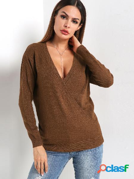 Khaki V-neck Cross Front Long Sleeves Sweater