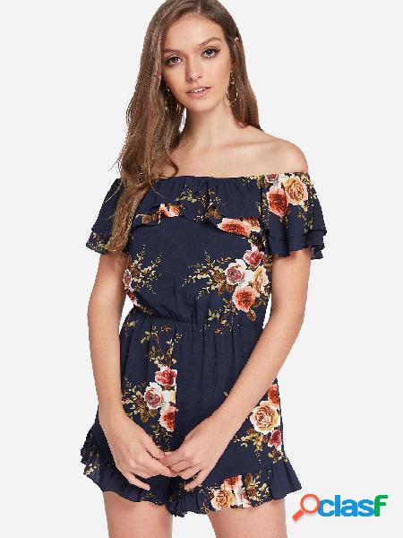 Navy Backless Random Floral Print Off Shoulder Short Sleeves