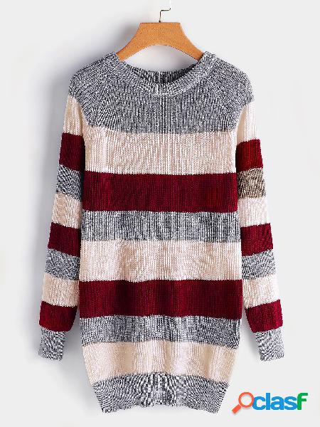 Pink Stripe Details Crew Neck Long Sleeves Sweaters