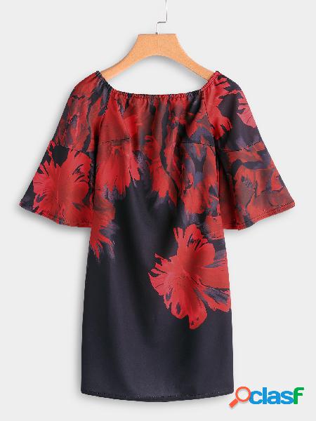 Red Backless Floral Print Off The Shoulder Flared Sleeves