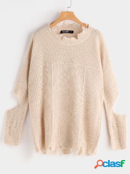 Beige Cut Out Ripped Details Tassel Hem Crew Neck Long