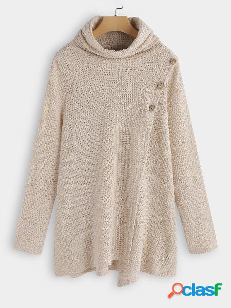 Beige Turtleneck Button-down Asymmetrical Waffe Knit