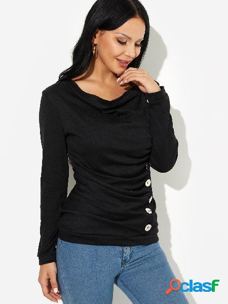 Black Cowl Neck Button-down Long Sleeve Tee