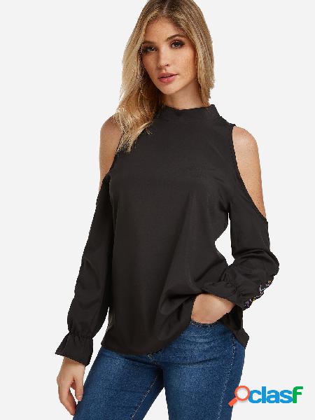 Black Cut Out Embroidered Cold Shoulder Long Sleeves Blouses