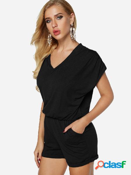 Black V-neck Short Sleeves Drawstring Waist Playsuit