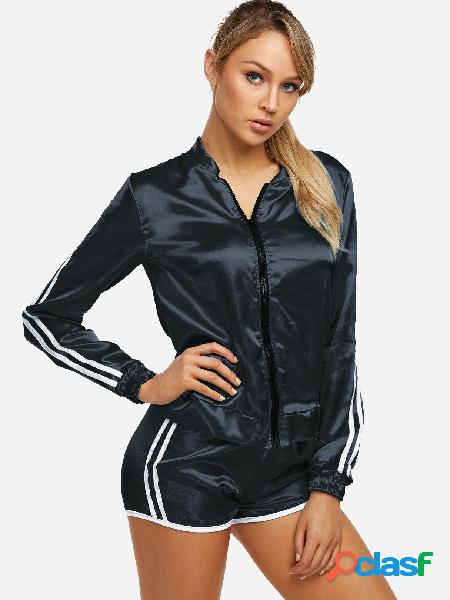 Black Zip Design Stripe V-neck Long Sleeves 2-pcs Tracksuit