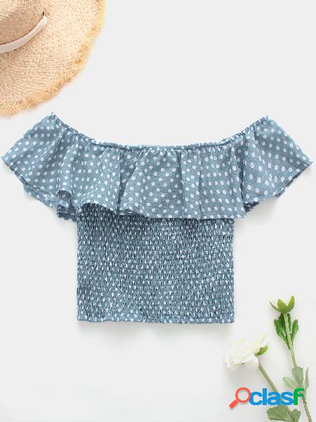 Blue Pleated Design Polka Dot Off The Shoulder Crop Top