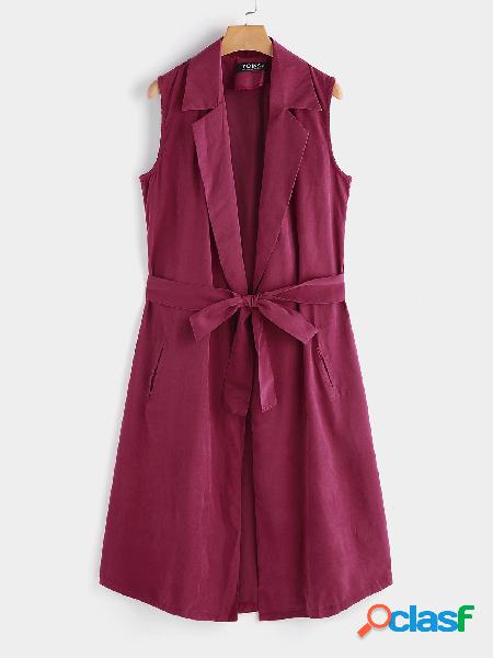 Burgundy Lightweight Lapel Collar Sleeveless Long Trench