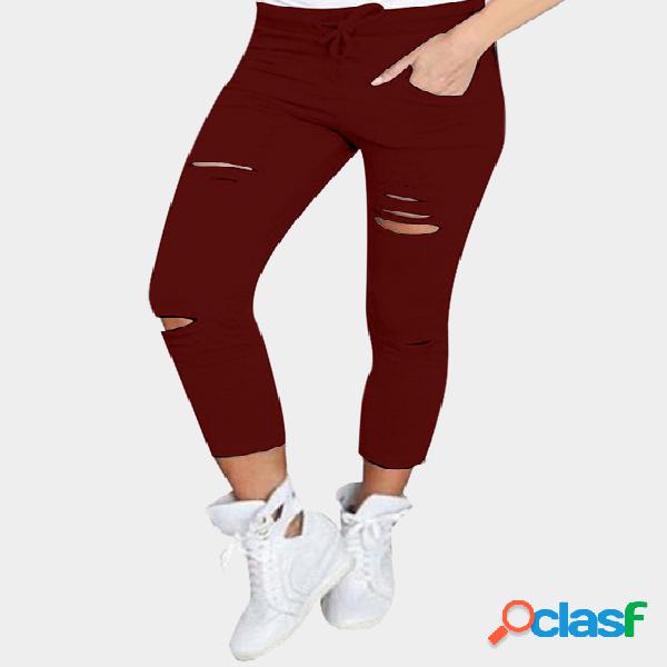 Burgundy Ripped Details Drawstring Waist Pants