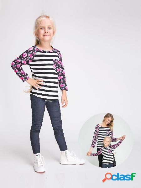 Floral Striped Print Mom and Daughter Matching T-Shirts -