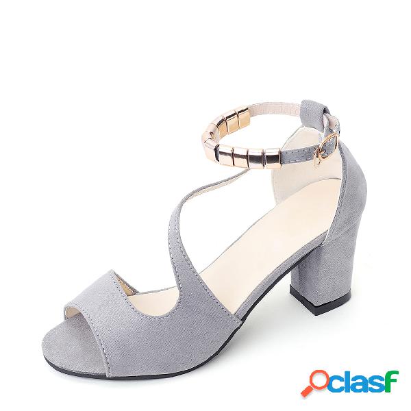 Grey Chunky Heel Sandals with Ankle Strap