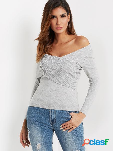 Grey Crossed Front Design Deep V Neck Long Sleeves Knitted