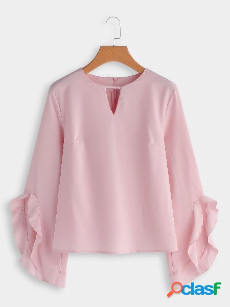 Light Pink Cut Out Plain Crew Neck Flared Long Sleeves