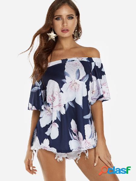 Navy Random Floral Print Off The Shoulder Blouse