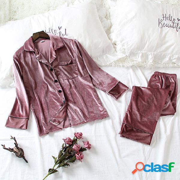 Opera Mauve Color Button Up Velvet Pajama Set