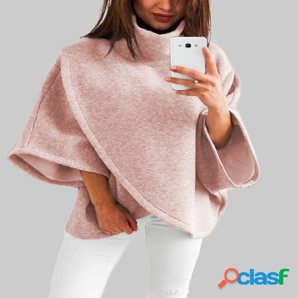 Pink Chimney Collar Flared Sleeves Irregular Hem Sweater