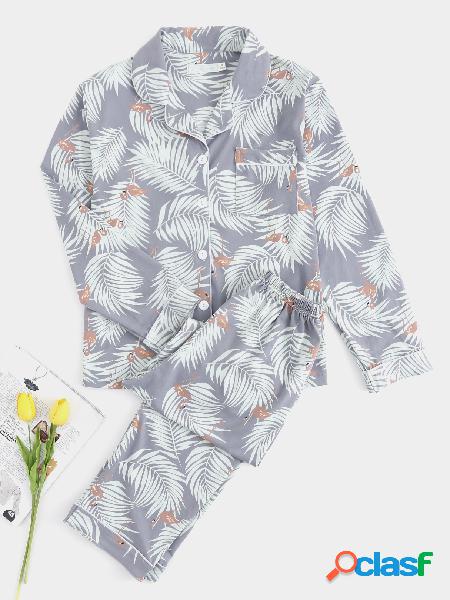 Printed Button Front Long Sleeves Pajama Set in Grey