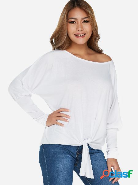 White Self-tie Design Plain One Shoulder Bat Sleeves Top