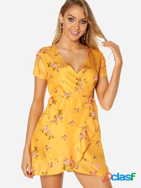 Yellow Wrap Design Random Floral Print V-neck Short Sleeves