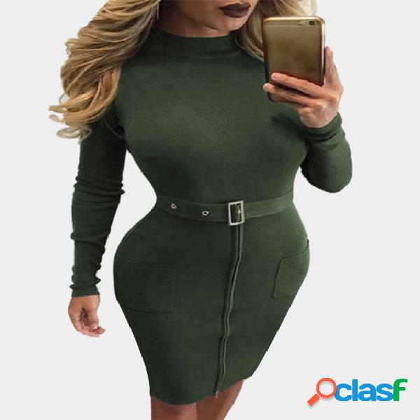 Armygreen Zipper Front Two Pockets Bodycon Dress with Belt